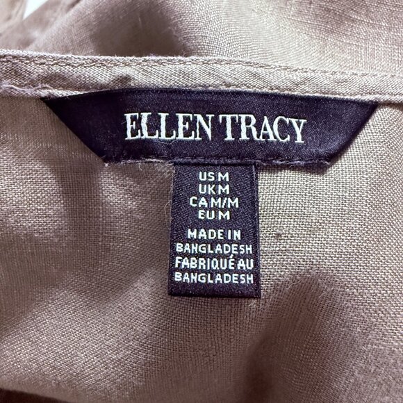 Ellen Tracy size M 100% linen army green decorative zip front short sleeve top - Picture 4 of 10